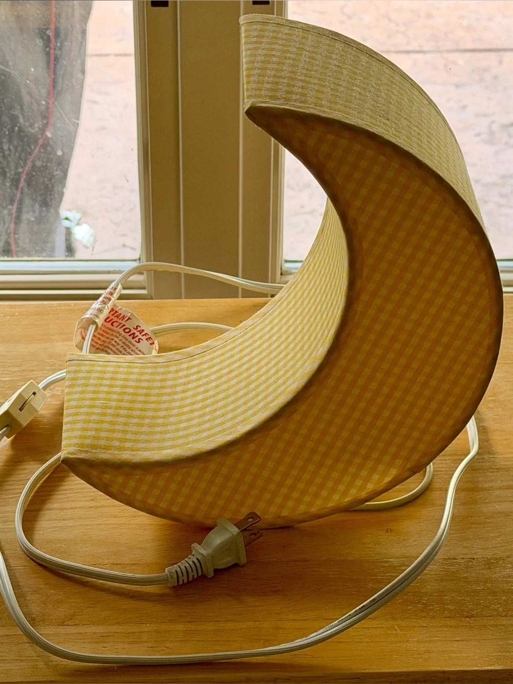 Crescent Moon Nursery Lamp Yellow Gingham Baby Room Night Light 10” Decor